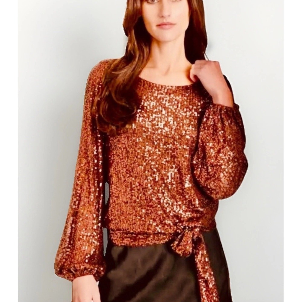 NWT Tahari ASL Sequin Top Size XS Bronze Waist Tie-Hem Blouson-Sleeve Disco Glam